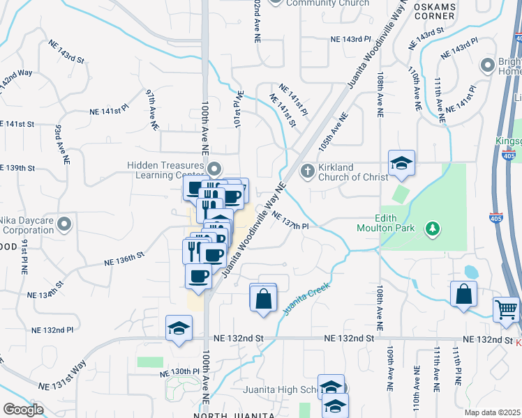 map of restaurants, bars, coffee shops, grocery stores, and more near 10157 Northeast 137th Place in Kirkland