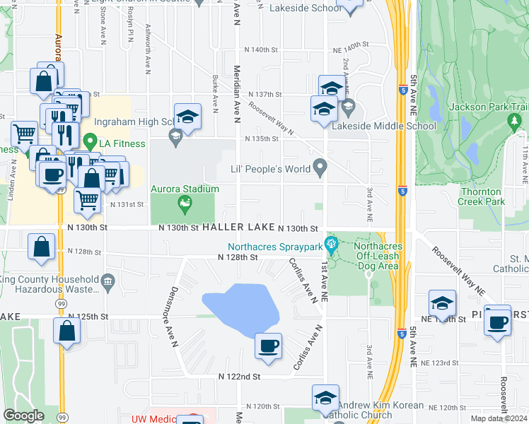 map of restaurants, bars, coffee shops, grocery stores, and more near 13021 Corliss Avenue North in Seattle