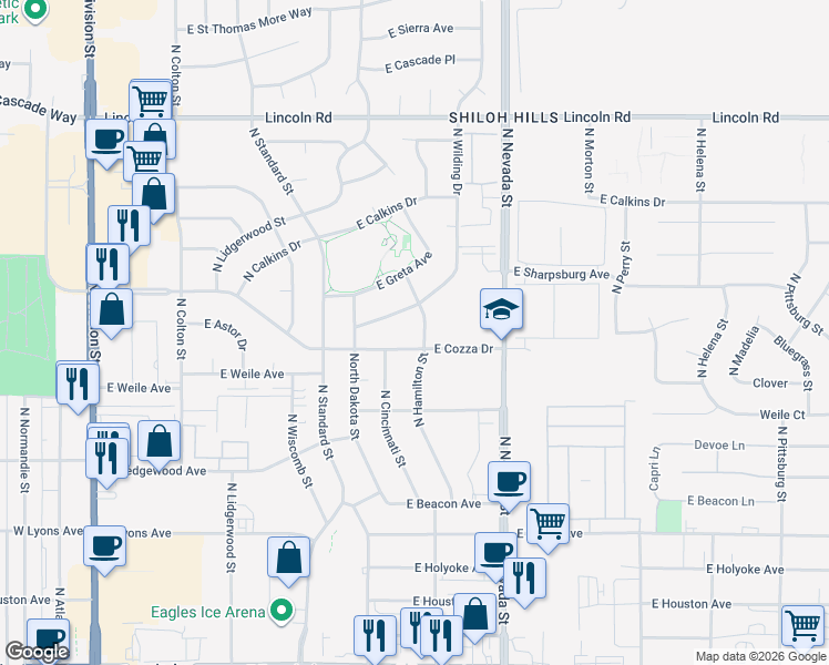 map of restaurants, bars, coffee shops, grocery stores, and more near 7317 North Hamilton Street in Spokane