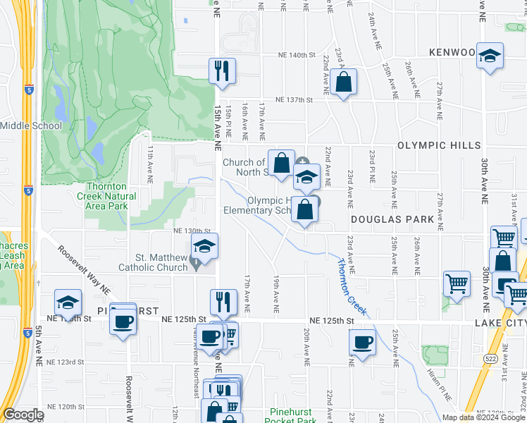 map of restaurants, bars, coffee shops, grocery stores, and more near 1737 Northeast 130th Place in Seattle