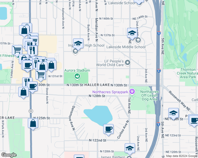 map of restaurants, bars, coffee shops, grocery stores, and more near 13018 Meridian Avenue North in Seattle