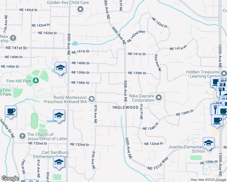 map of restaurants, bars, coffee shops, grocery stores, and more near 8828 Northeast 137th Place in Kirkland