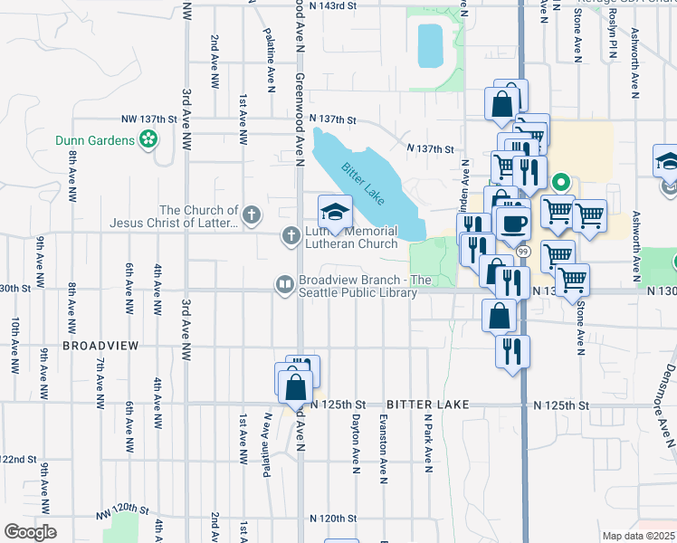 map of restaurants, bars, coffee shops, grocery stores, and more near 300 North 130th Street in Seattle