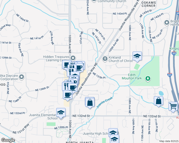 map of restaurants, bars, coffee shops, grocery stores, and more near 10155 Northeast 137th Place in Kirkland