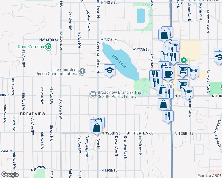 map of restaurants, bars, coffee shops, grocery stores, and more near 300 North 130th Street in Seattle