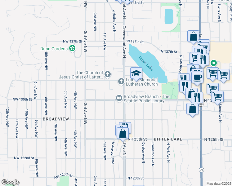 map of restaurants, bars, coffee shops, grocery stores, and more near in Seattle