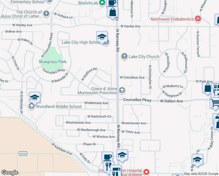 map of restaurants, bars, coffee shops, grocery stores, and more near 1637 West Tullis Drive in Coeur d'Alene