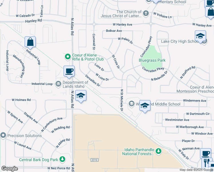 map of restaurants, bars, coffee shops, grocery stores, and more near 2681 Versailles Drive in Coeur d'Alene