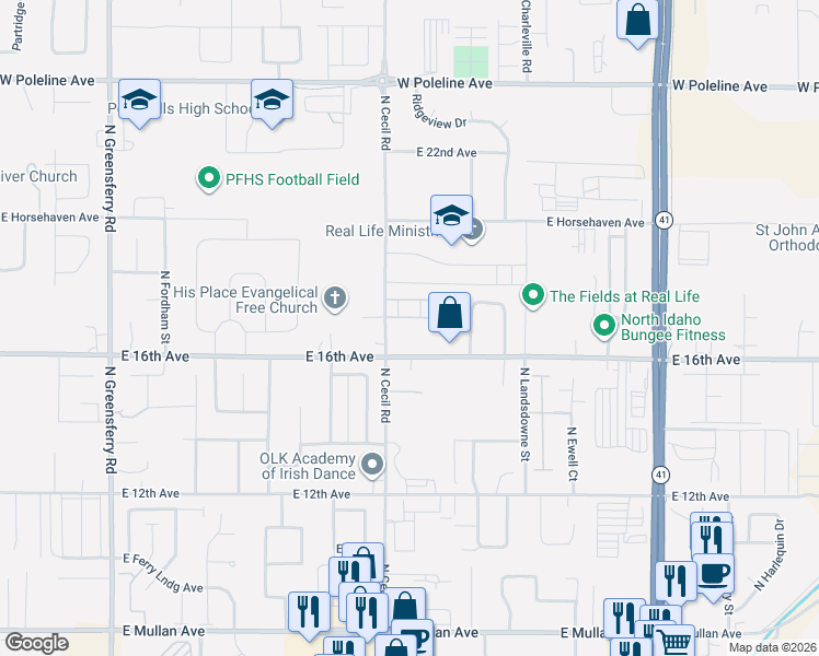 map of restaurants, bars, coffee shops, grocery stores, and more near 3244 East Painters Loop in Post Falls