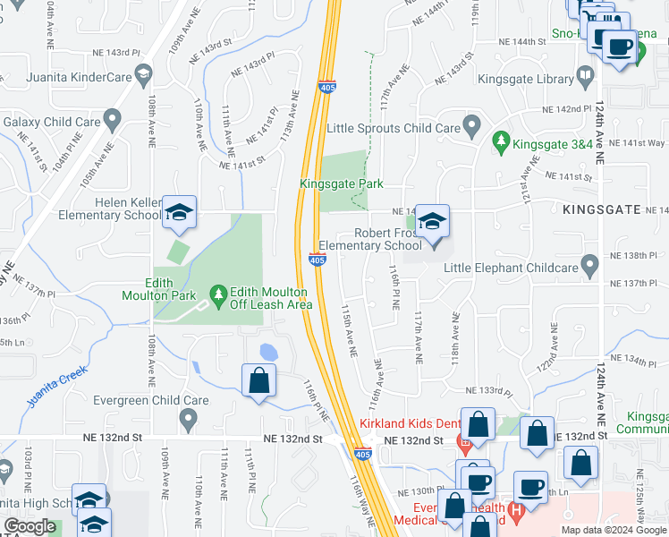 map of restaurants, bars, coffee shops, grocery stores, and more near 13803 115th Avenue Northeast in Kirkland