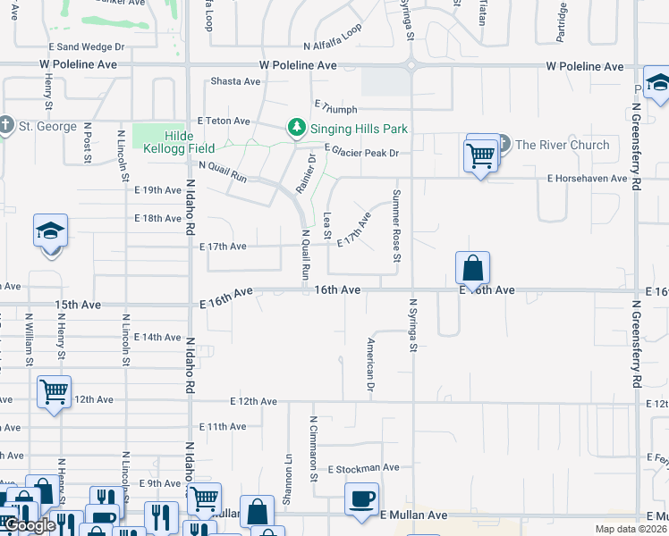 map of restaurants, bars, coffee shops, grocery stores, and more near 1605 North Lea Street in Post Falls