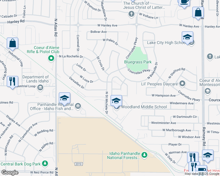 map of restaurants, bars, coffee shops, grocery stores, and more near 5769 North Lachaise Lane in Coeur d'Alene