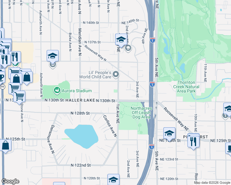 map of restaurants, bars, coffee shops, grocery stores, and more near 13045 1st Avenue Northeast in Seattle
