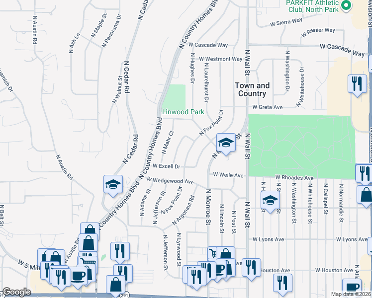 map of restaurants, bars, coffee shops, grocery stores, and more near 7215 North Fox Point Drive in Spokane