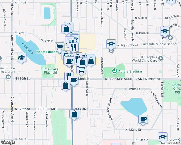 map of restaurants, bars, coffee shops, grocery stores, and more near 13024 Stone Ave N in Seattle