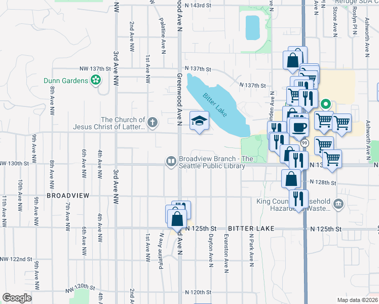 map of restaurants, bars, coffee shops, grocery stores, and more near 300 North 130th Street in Seattle