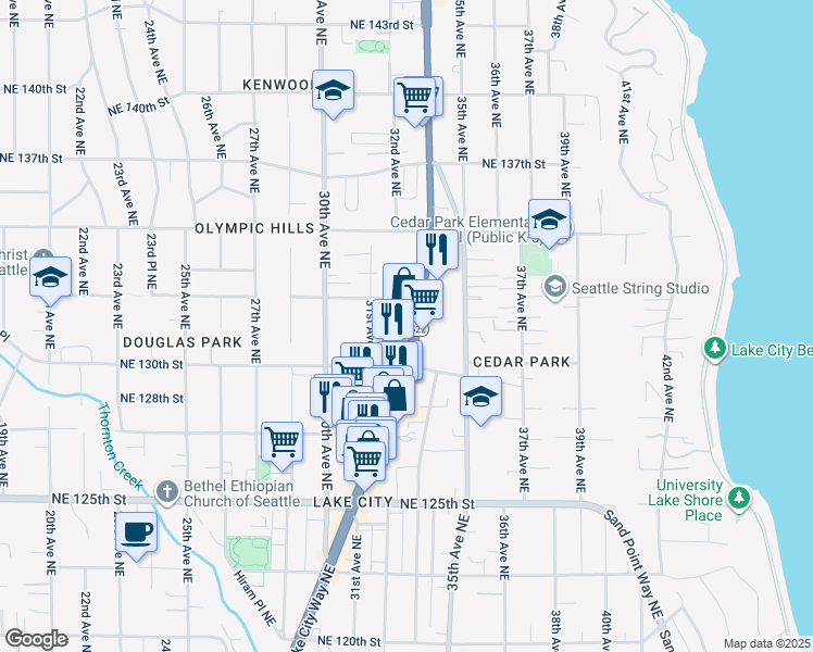 map of restaurants, bars, coffee shops, grocery stores, and more near 13035 Lake City Way Northeast in Seattle