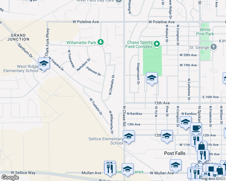map of restaurants, bars, coffee shops, grocery stores, and more near 1714 North Chehalis Street in Post Falls