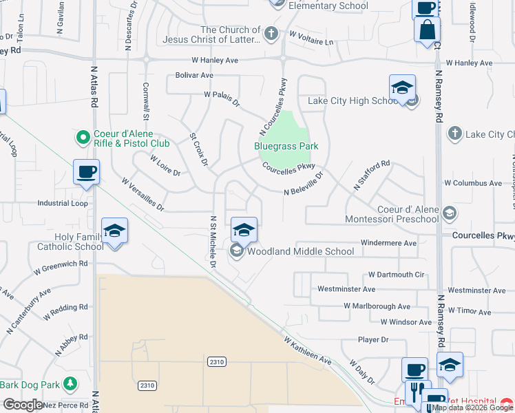 map of restaurants, bars, coffee shops, grocery stores, and more near 5780 Montage Lane in Coeur d'Alene