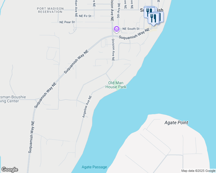 map of restaurants, bars, coffee shops, grocery stores, and more near 17762 South Angeline Avenue Northeast in Suquamish