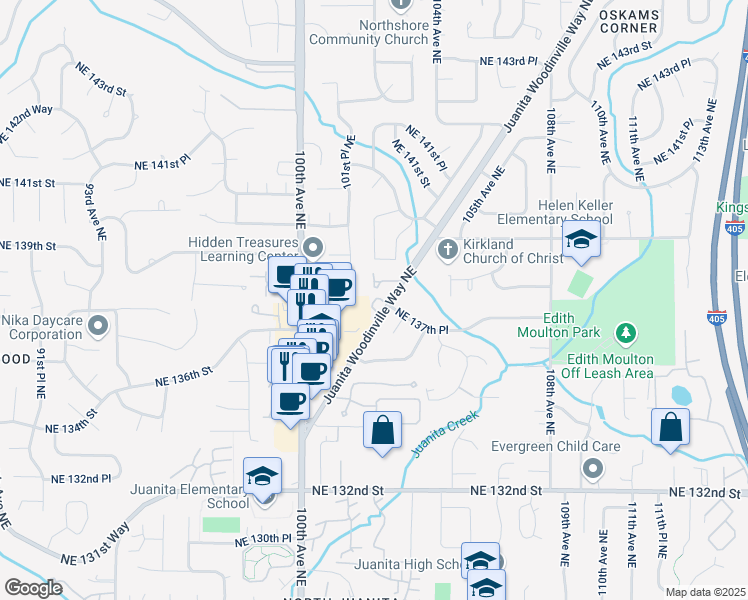 map of restaurants, bars, coffee shops, grocery stores, and more near 10142 Northeast 137th Place in Kirkland
