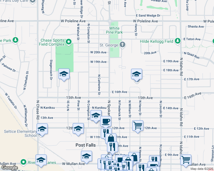 map of restaurants, bars, coffee shops, grocery stores, and more near 105 West 17th Avenue in Post Falls