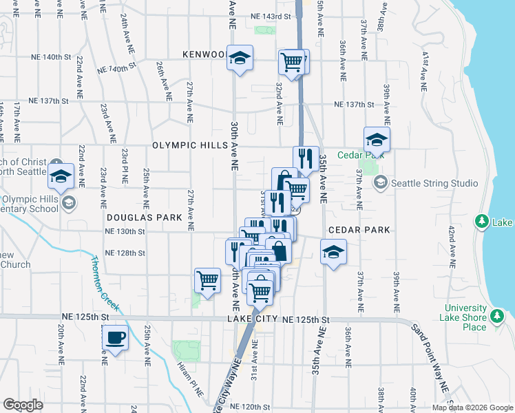 map of restaurants, bars, coffee shops, grocery stores, and more near 13033 31st Avenue Northeast in Seattle