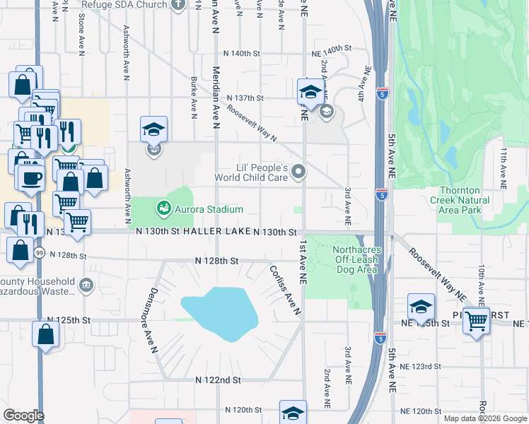 map of restaurants, bars, coffee shops, grocery stores, and more near 13030 Corliss Avenue North in Seattle