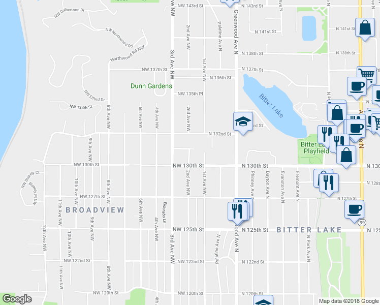map of restaurants, bars, coffee shops, grocery stores, and more near 13026 2nd Avenue Northwest in Seattle