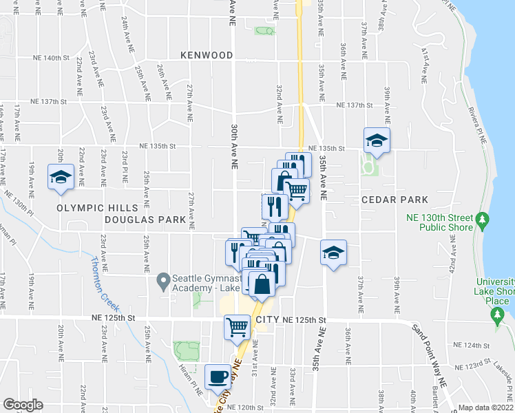 map of restaurants, bars, coffee shops, grocery stores, and more near 13033 31st Avenue Northeast in Seattle