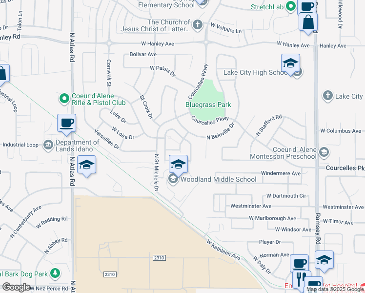 map of restaurants, bars, coffee shops, grocery stores, and more near 5780 Montage Lane in Coeur d'Alene