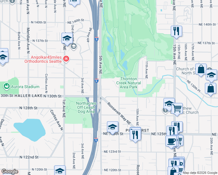 map of restaurants, bars, coffee shops, grocery stores, and more near 526 Northeast 131st Place in Seattle