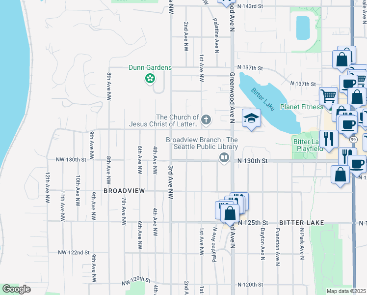 map of restaurants, bars, coffee shops, grocery stores, and more near 13026 2nd Avenue Northwest in Seattle