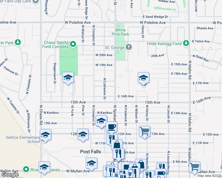 map of restaurants, bars, coffee shops, grocery stores, and more near 103 West 17th Avenue in Post Falls
