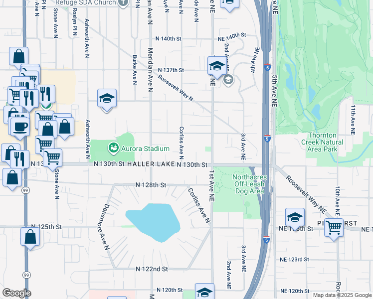 map of restaurants, bars, coffee shops, grocery stores, and more near 13030 Corliss Avenue North in Seattle