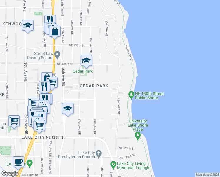 map of restaurants, bars, coffee shops, grocery stores, and more near 13035 42nd Avenue Northeast in Seattle
