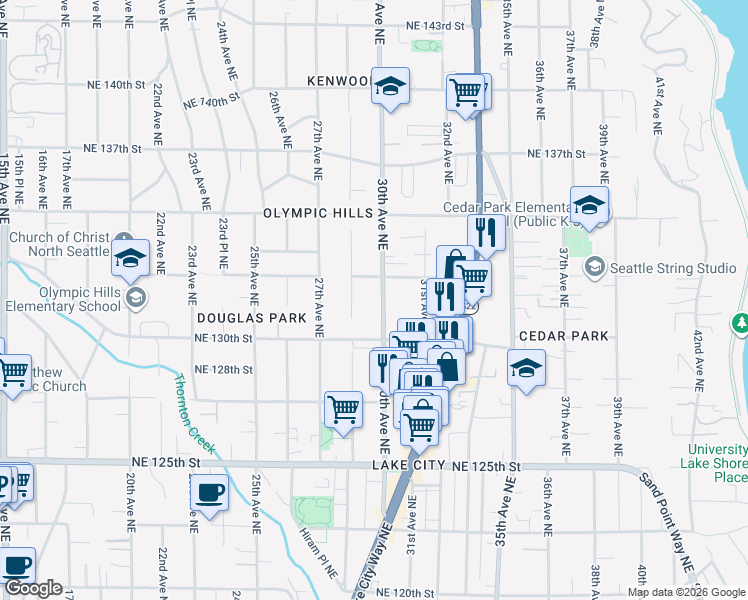 map of restaurants, bars, coffee shops, grocery stores, and more near 13039 30th Avenue Northeast in Seattle