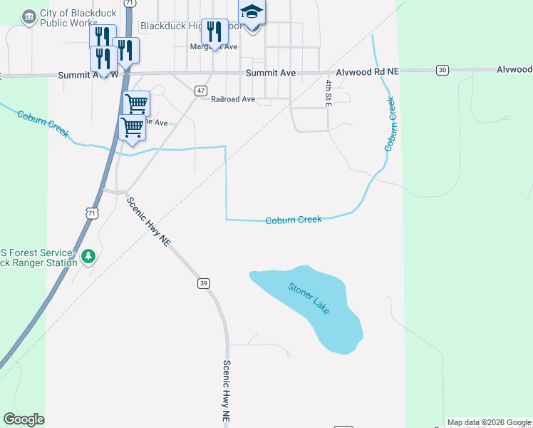 map of restaurants, bars, coffee shops, grocery stores, and more near Blue Ox Trail (Voyageur Trail) in Blackduck