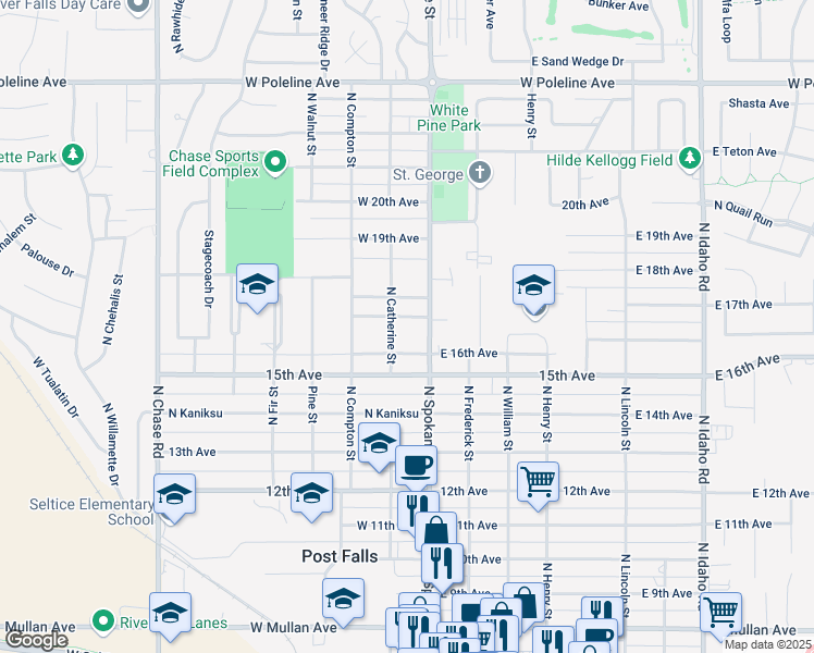 map of restaurants, bars, coffee shops, grocery stores, and more near 105 West 17th Avenue in Post Falls