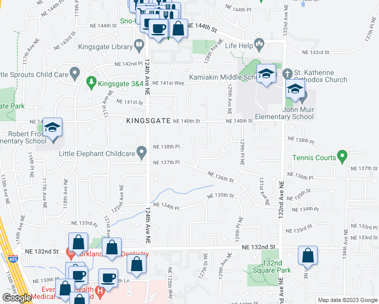 map of restaurants, bars, coffee shops, grocery stores, and more near 13819 127th Avenue Northeast in Kirkland