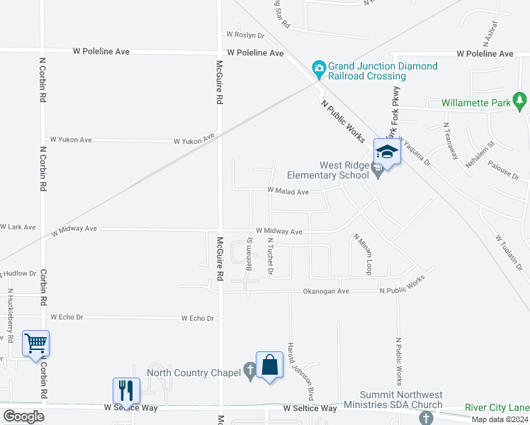 map of restaurants, bars, coffee shops, grocery stores, and more near 1679 North Chetco Drive in Post Falls