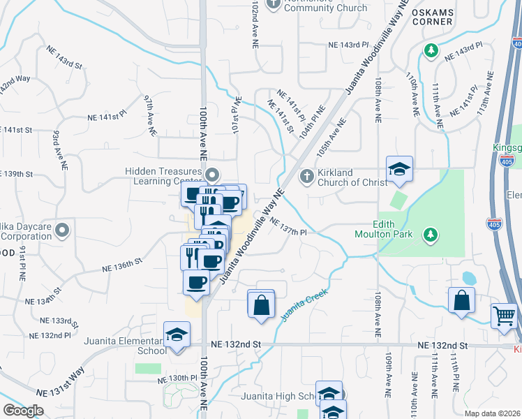 map of restaurants, bars, coffee shops, grocery stores, and more near 10162 Northeast 137th Place in Kirkland