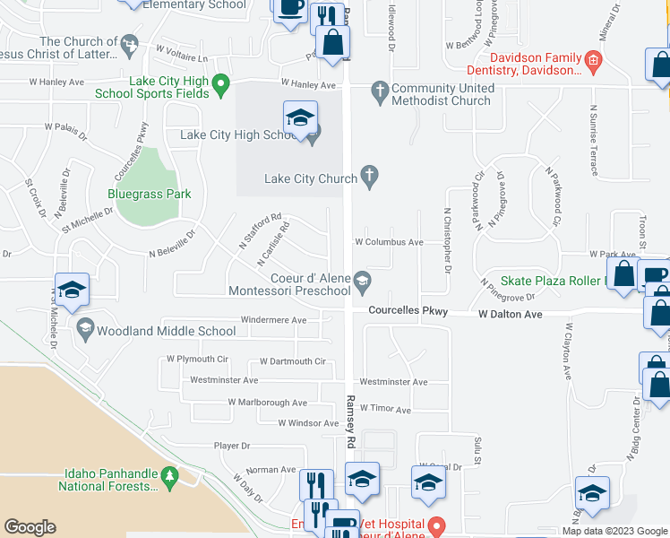 map of restaurants, bars, coffee shops, grocery stores, and more near 5746 North Loraine Street in Coeur d'Alene