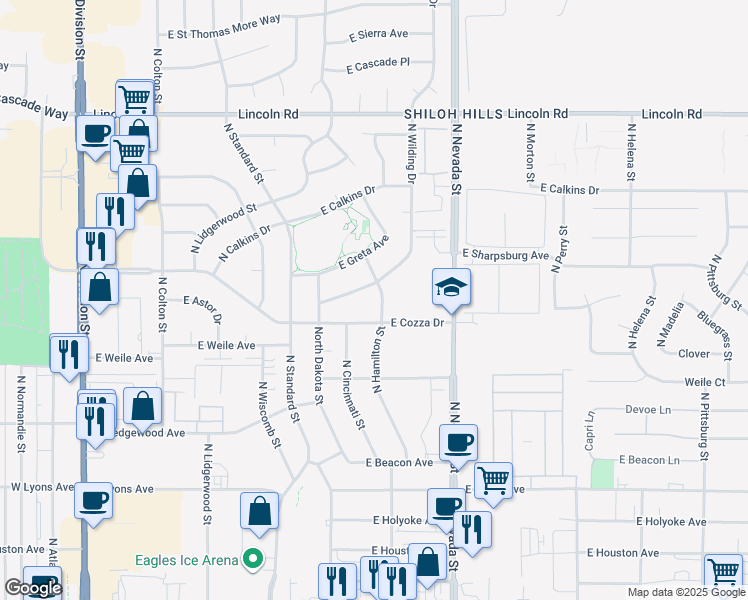 map of restaurants, bars, coffee shops, grocery stores, and more near 7317 North Hamilton Street in Spokane