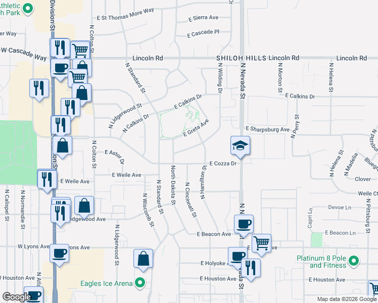 map of restaurants, bars, coffee shops, grocery stores, and more near 544 East Wilding Avenue in Spokane