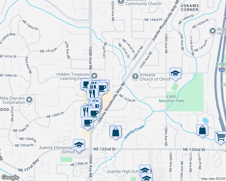 map of restaurants, bars, coffee shops, grocery stores, and more near 10142 Northeast 137th Place in Kirkland