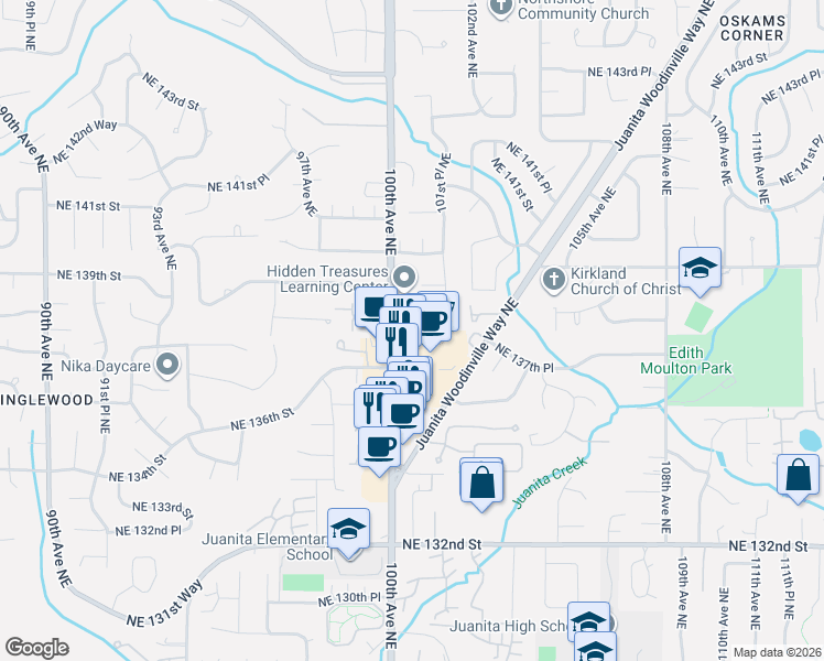 map of restaurants, bars, coffee shops, grocery stores, and more near 10023 Northeast 138th Place in Kirkland