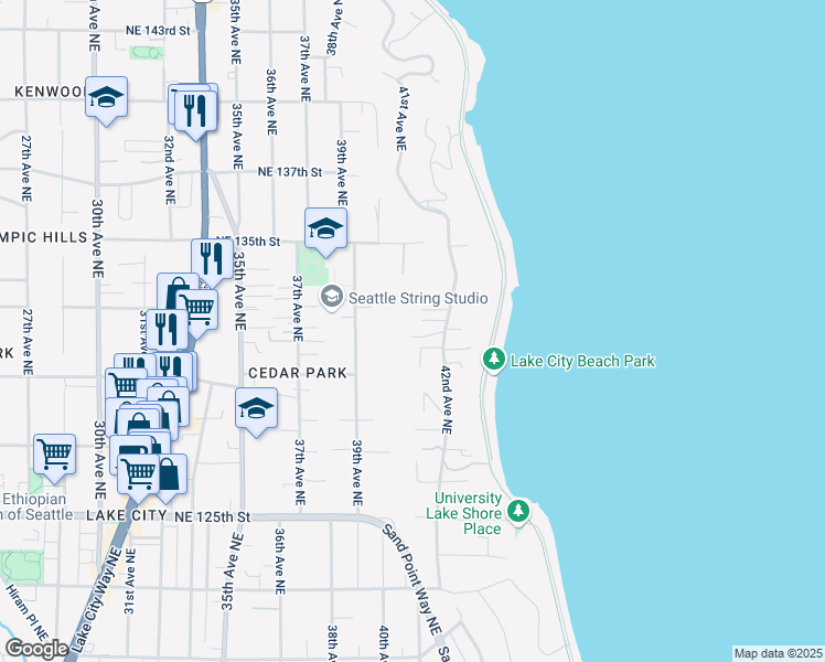 map of restaurants, bars, coffee shops, grocery stores, and more near 13035 42nd Avenue Northeast in Seattle