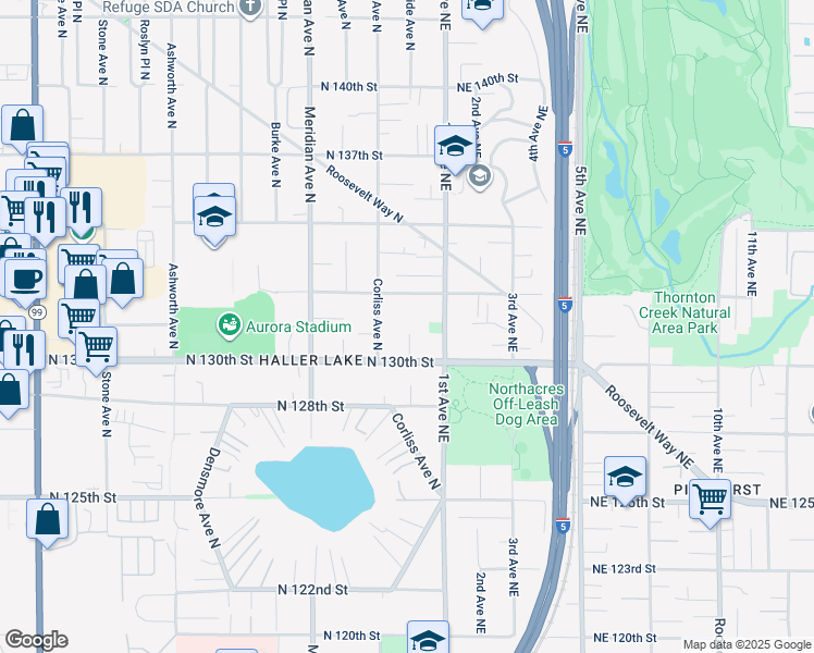 map of restaurants, bars, coffee shops, grocery stores, and more near 13030 Corliss Avenue North in Seattle
