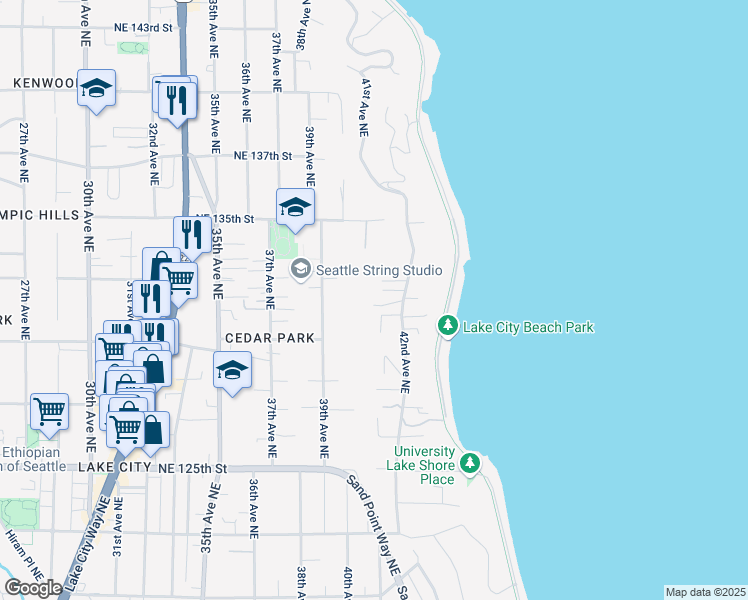 map of restaurants, bars, coffee shops, grocery stores, and more near 13035 42nd Avenue Northeast in Seattle